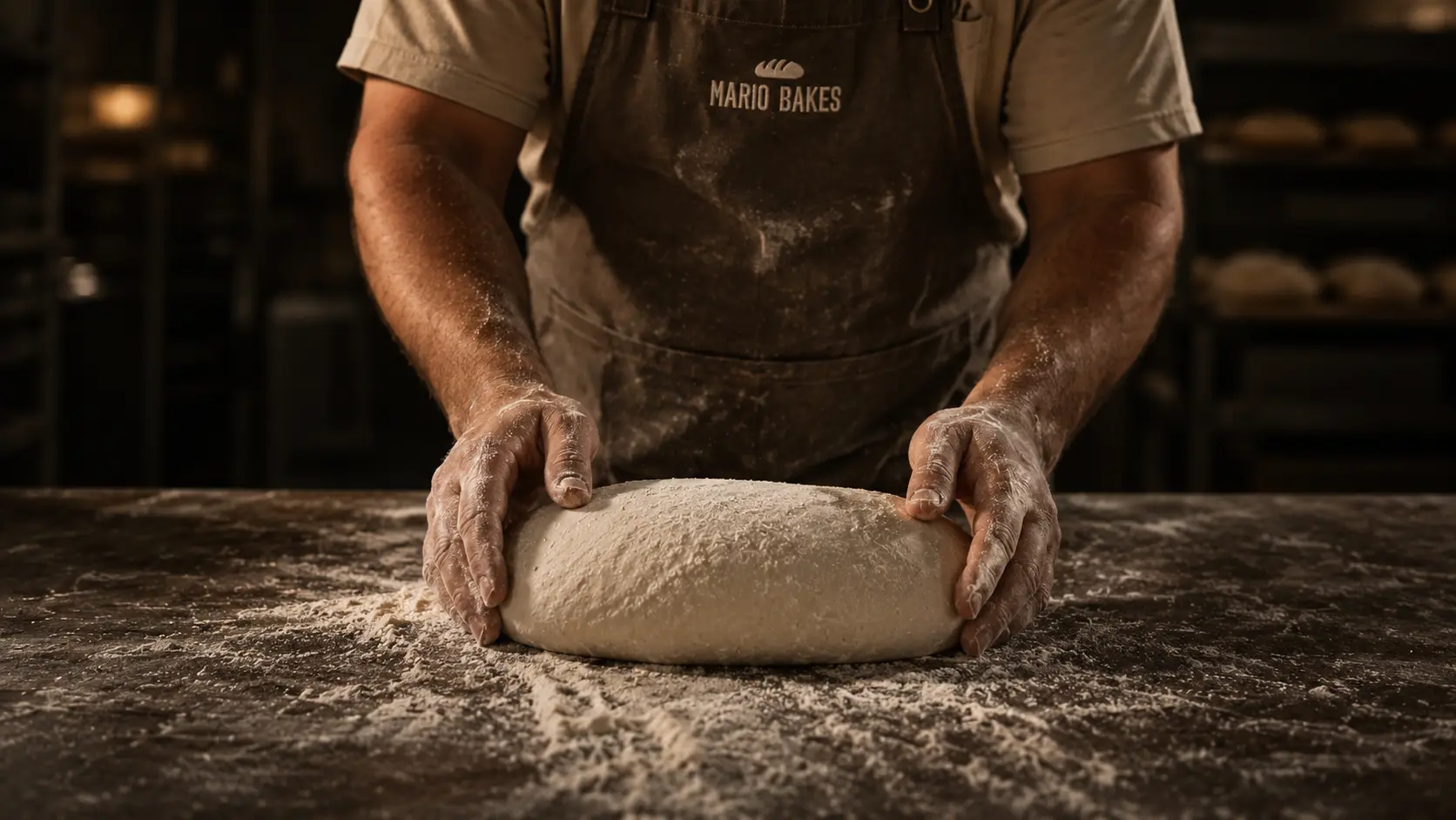Manos formando una masa de pan sobre una mesa con harina